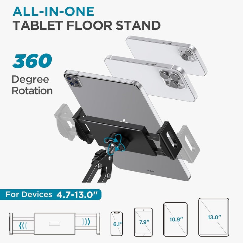 InnoGear Tablet Floor Stand, Overhead Bed Phone Stand Adjustable Holder Universal Floor Stand Compatible with iPhone iPad Pro Air Mini, Samsung Tab, Kindle, E-Readers (Large) - Image 4